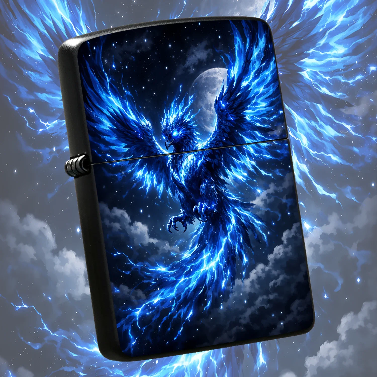 Blue Lightning Phoenix Themed Portable Lighter, Stunning Starry Sky Full Moon Mythical Bird Flying Design, Cool Stylish Accessory For Camping Daily Use Gifting, Multi-Scenario Practical Decorative Unique Present Interesting And Humorous Lig