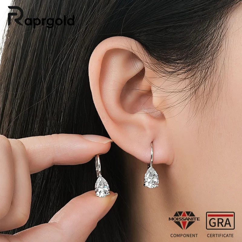 RAPRGOLD 1.5CT Pear Cut Moissanite Waterdrop Hoop Earrings for Women Real 925 Sterling Silver Huggie Earring Fine Jewelry Gift