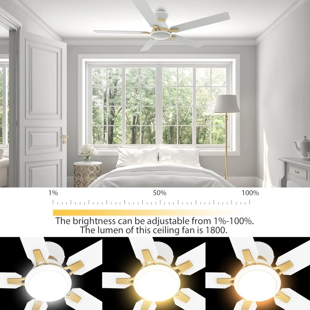 Smart low-grade ceiling fan with light, 10 speed smart ceiling fan with remote control, 3 colors can be dimmed flat ceiling fan