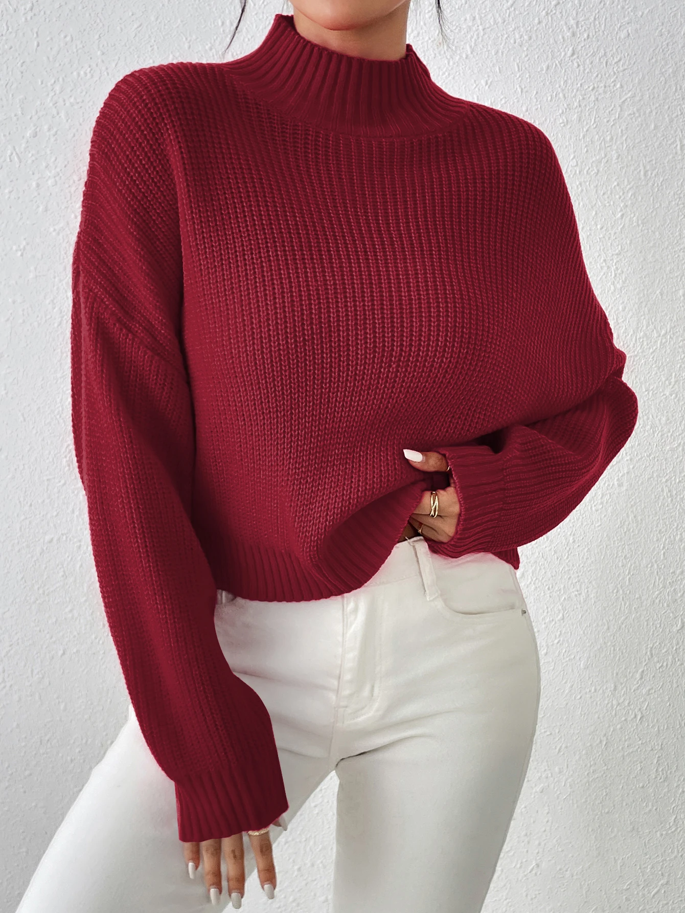 Women\'s Ribbed Knitted Sweater, Mock Neck Long Sleeve Pullover, Solid Color High Neck Drop Shoulder Jumper