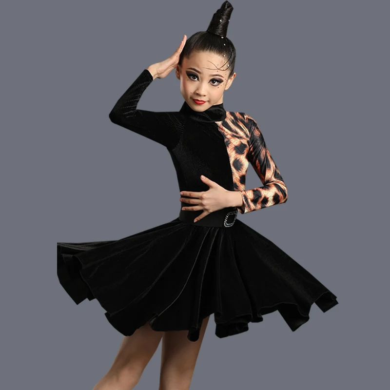 Girl Latin Dance Dress Ballroom Children Dance Salsa Black Leopard Print Kids Tango Dresses Dancing Stage Performance Clothing