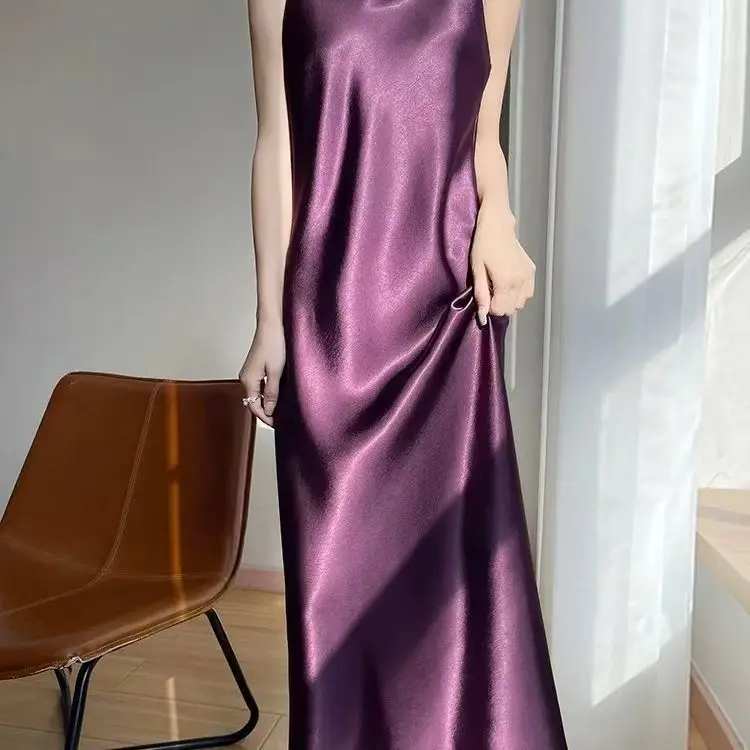 French Elegant Satin Camis Dress Women Summer Loose with Ribbon Midi Dress Female Fashion Aesthetic Party Evening Slip Dress view 5