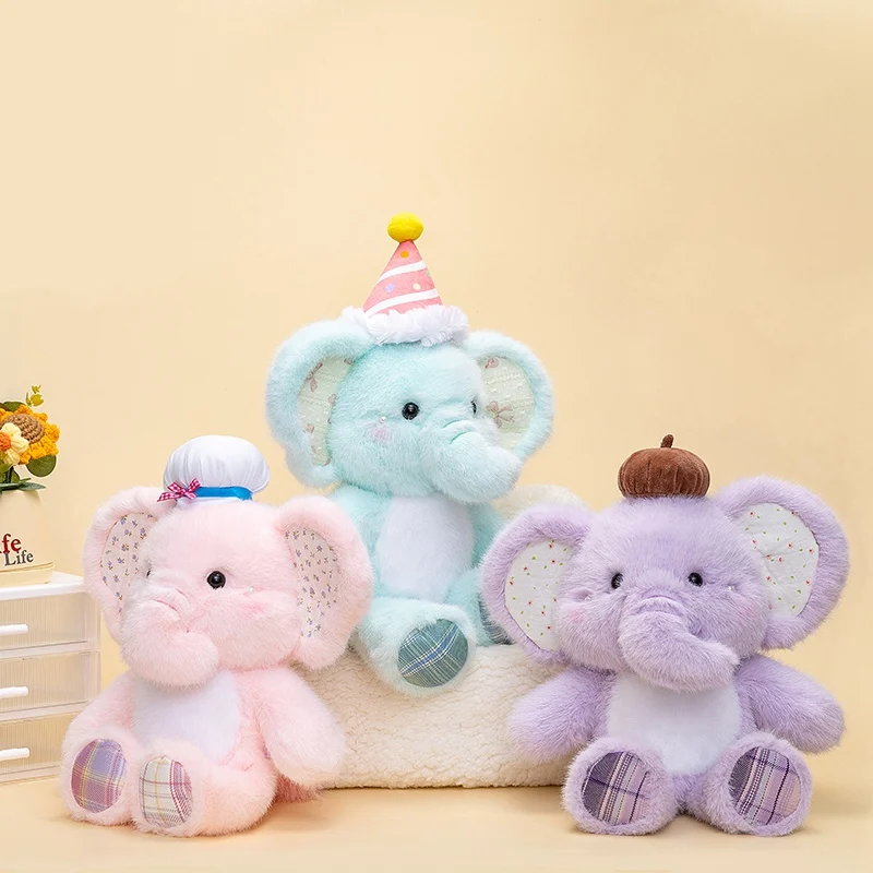 

Kawaii Pink Blue Purple Cute Elephant With Hat Plush Toys Animal Doll Soft Comfy Fluffy Plushies Soothing Baby Appease Doll