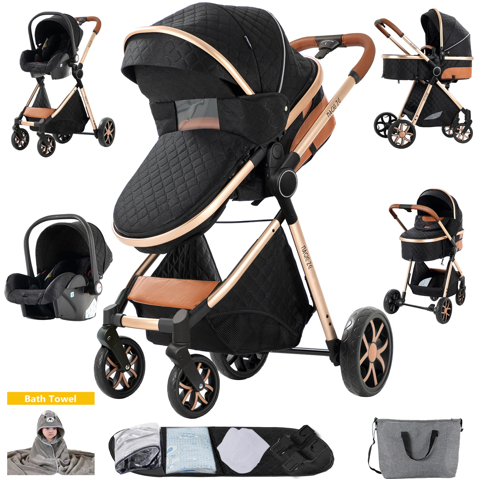 Poussette Bébé 3 en 1 Pliable Légère avec Dossier Réglable et Capote pour Nouveau-né, Idéale pour les Voyages et le Paysage Panoramique