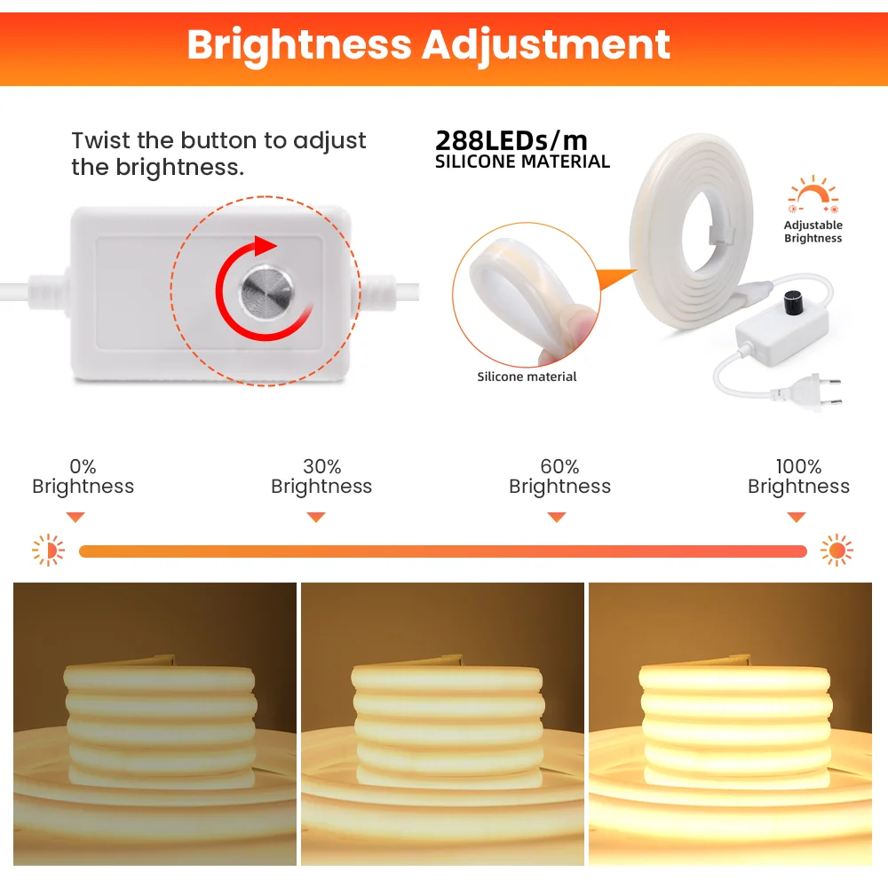 Tira de luces LED COB regulable para exteriores, cinta de iluminación de 220V con enchufe europeo, 288LED/m, impermeable, para jardín, dormitorio y