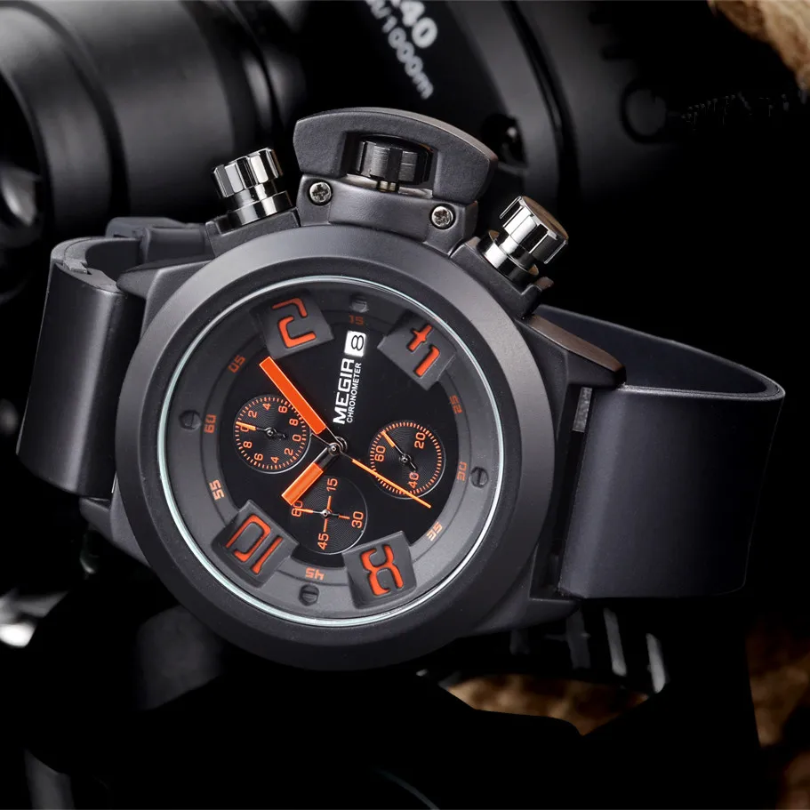 MEGIR Black Silicone Quartz Watch Luxury Sport Military Wristwatch Men Waterproof Clock Chronograph Large Dial Montre Homme 2002