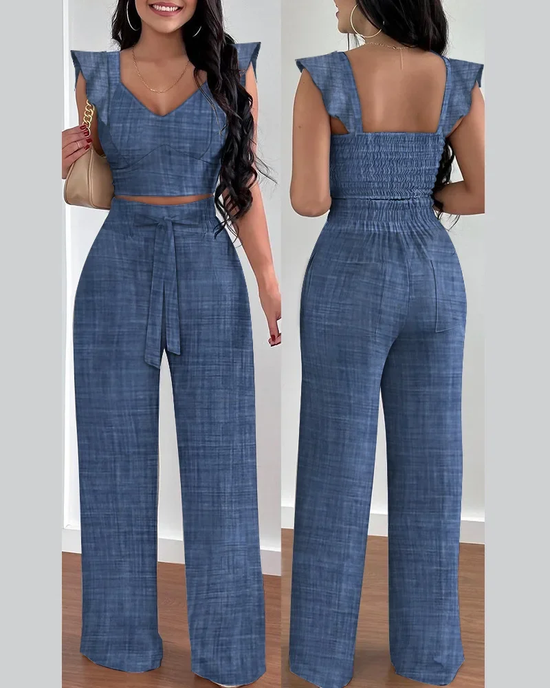 Fashion Ruffle Hem Shirred Crop Top & High Waist Pants Set Women Two Piece Sets