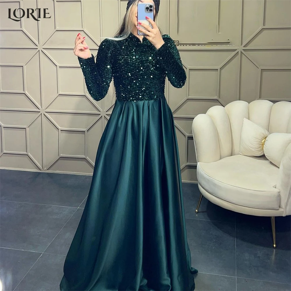 

LORIE Dark Green Glitter Formal Prom Dresses High Neck A-Line Sequins Pleats Evening Dress Sparkly Bride Celebrity Party Gowns