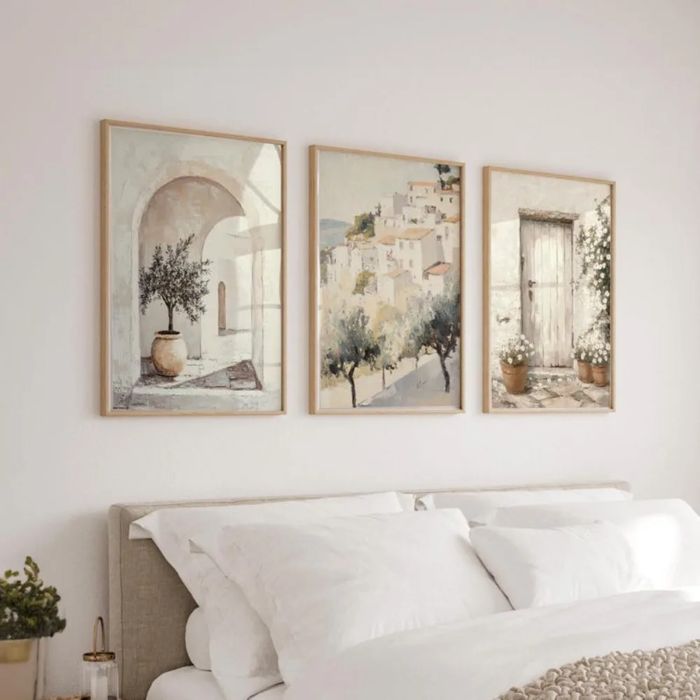 Frameless Italian Coastal Art Canvas Painting,Light Cream Living Room Neutral Coastal Decor,Soft Beige Bedroom Wall Art Decor