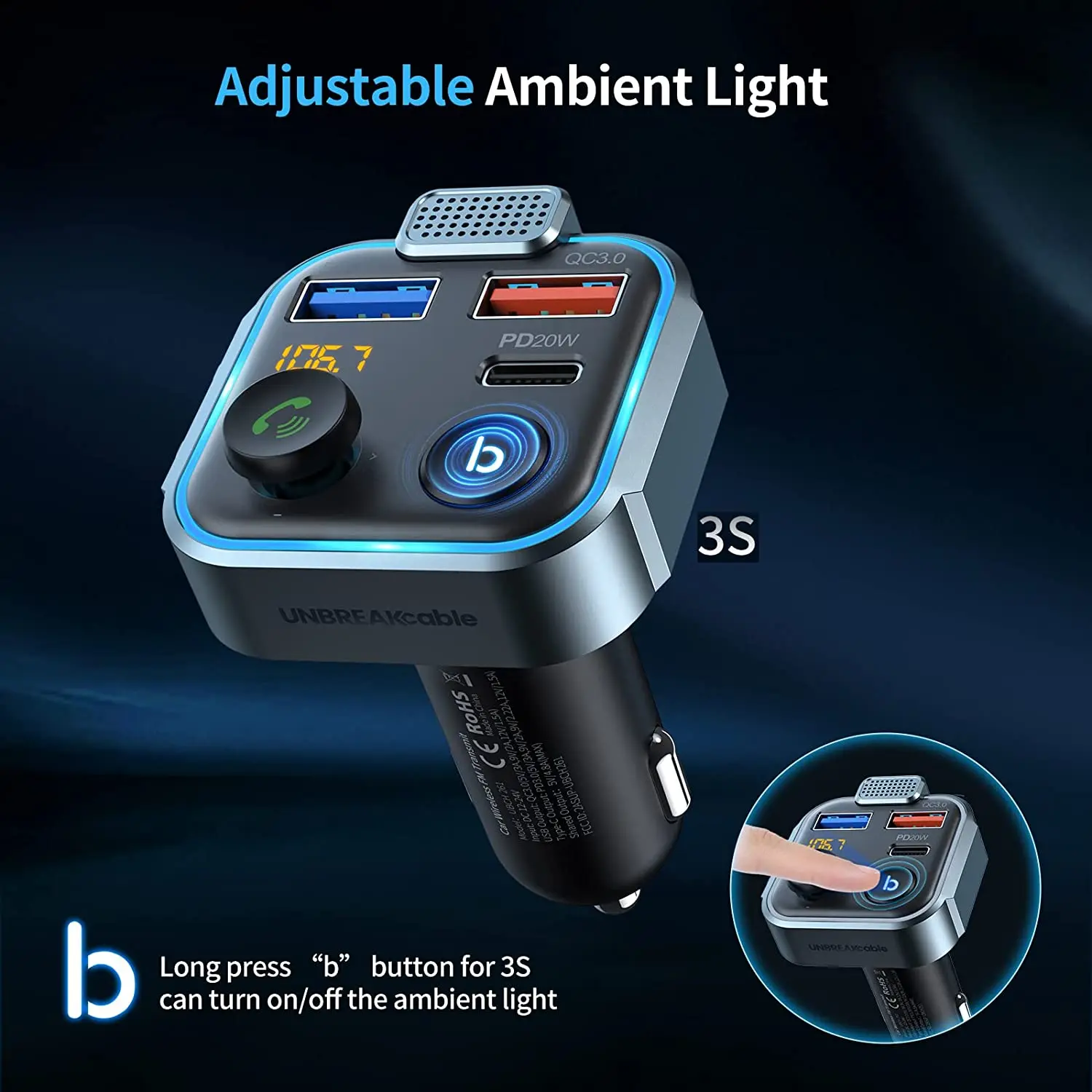 Car Bluetooth 5.0 FM Transmitter , Car Mp3 Player Radio Music Adapter Charger, Supports Hands-Free Siri Google Assistant