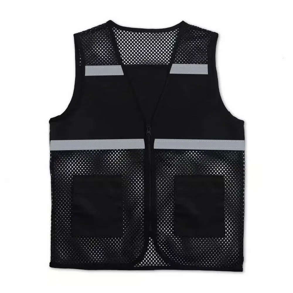 Breathable Fabric Safety Vest Black Vest With Reflective Strips Spandex With Zipper Mesh Vest