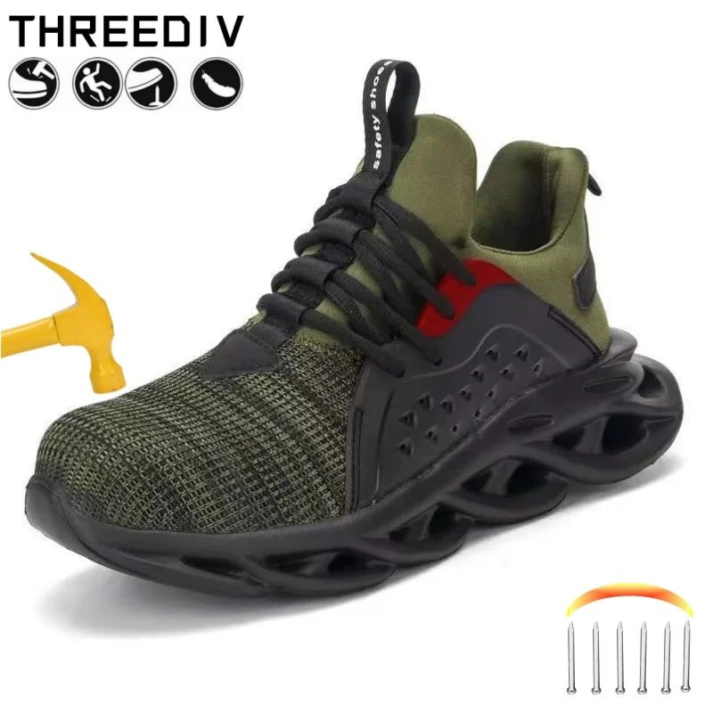 Work Boots for Men Green Mesh Safety Work Sneakers EVA Sport Lightweight Work Shoes Men Safety Breathable Men's Summer Sneakers