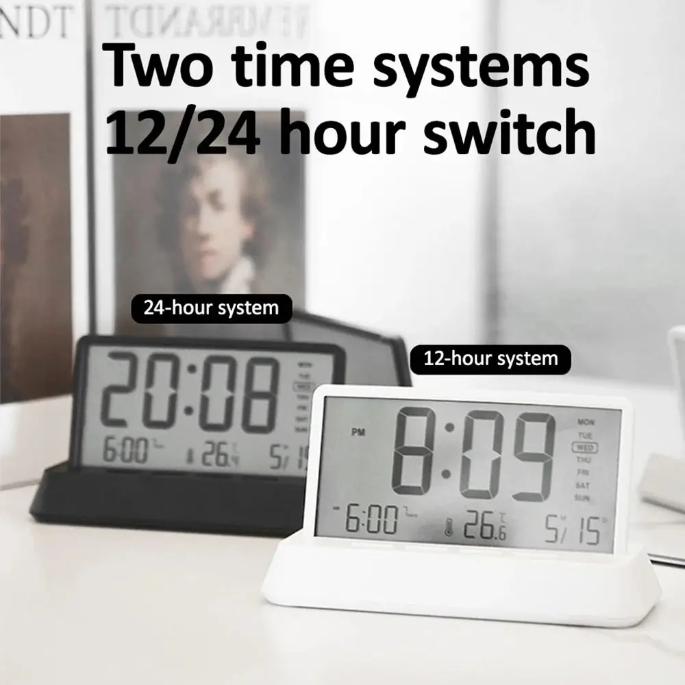 LCD Digital Transparent Alarm Clock 12/24H Temperature Date Week Display Table Clock Batteries Powered Electronic Desktop Clock