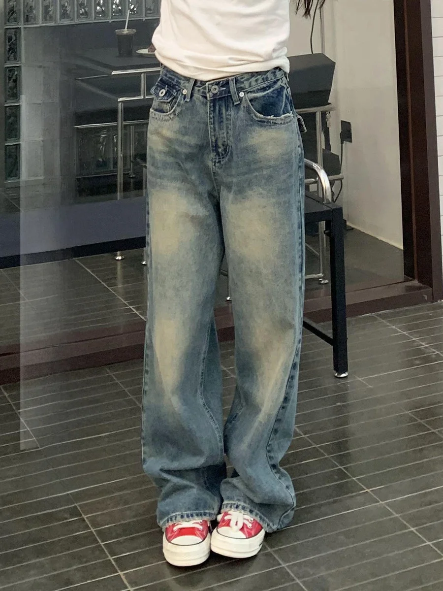 

Retro Washed Straight Leg Jeans Women's High Waist Wide Leg Floor-Length Pants Spring Autumn Design Slimming Effect Orange Tree