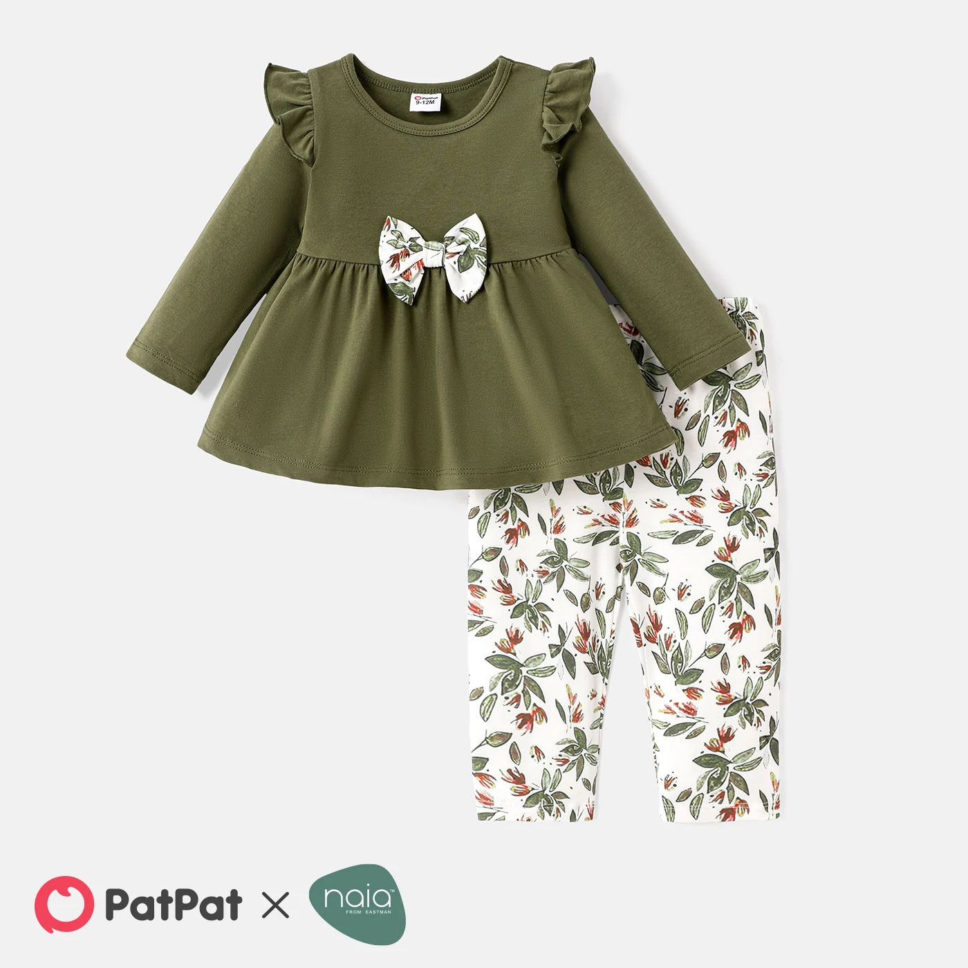 PatPat-Baby Girl algodão sólido plissado guarnição frontal e manga longa Top, estampa floral, guarnição, Nia, 2pcs™Conjunto calças