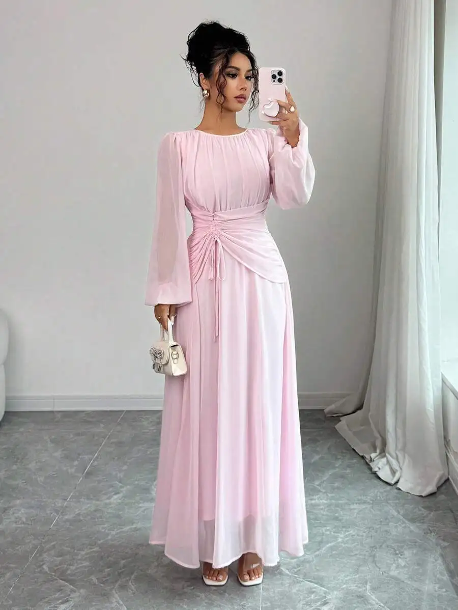 

Pink Long Sleeve Maxi Dress with Ruched Waist and Flared Sleeves
