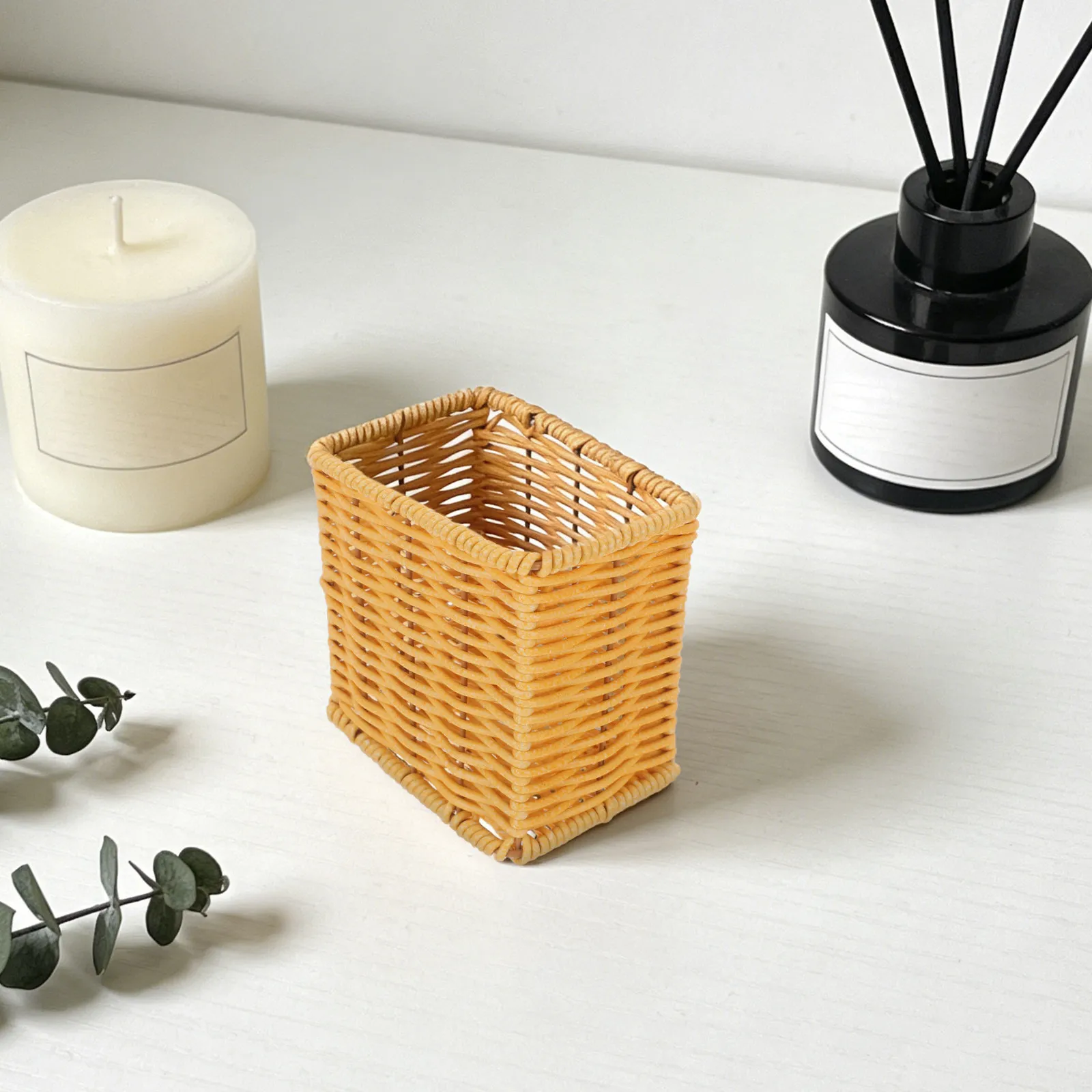 Imitation Rattan Pen Holder Square Desk Organizer Decorative Pencil Container Makeup Brush Storage Office Home Kitchen Utensil