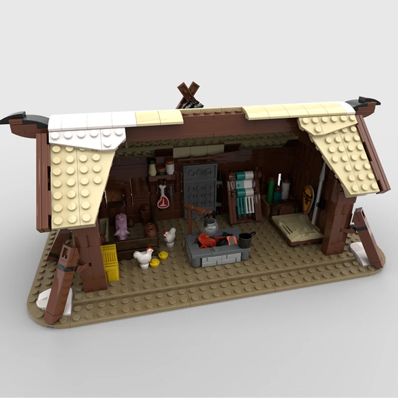 Street View Model MOC Building Bricks Viking Longhouse Wooden House Modular Technology Gifts Holiday Assemble Children Toys Suit