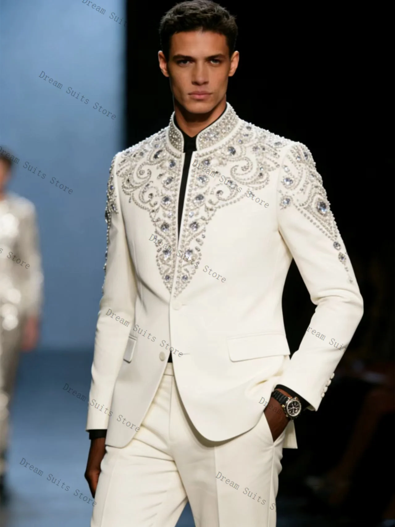 

White Crystals Men Suit Set 3 Pcs Vest+Blazer+Pants Stand Callor Customized Formal Office Jacket Wedding Tuxedos Prom Coat