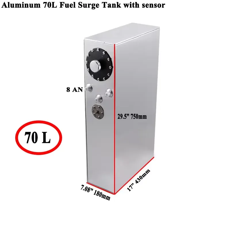 Aluminum 70L Car Fuel Surge Tank Mirror Polish Fuel Cell with Cap with Sensor, Increase Fuel