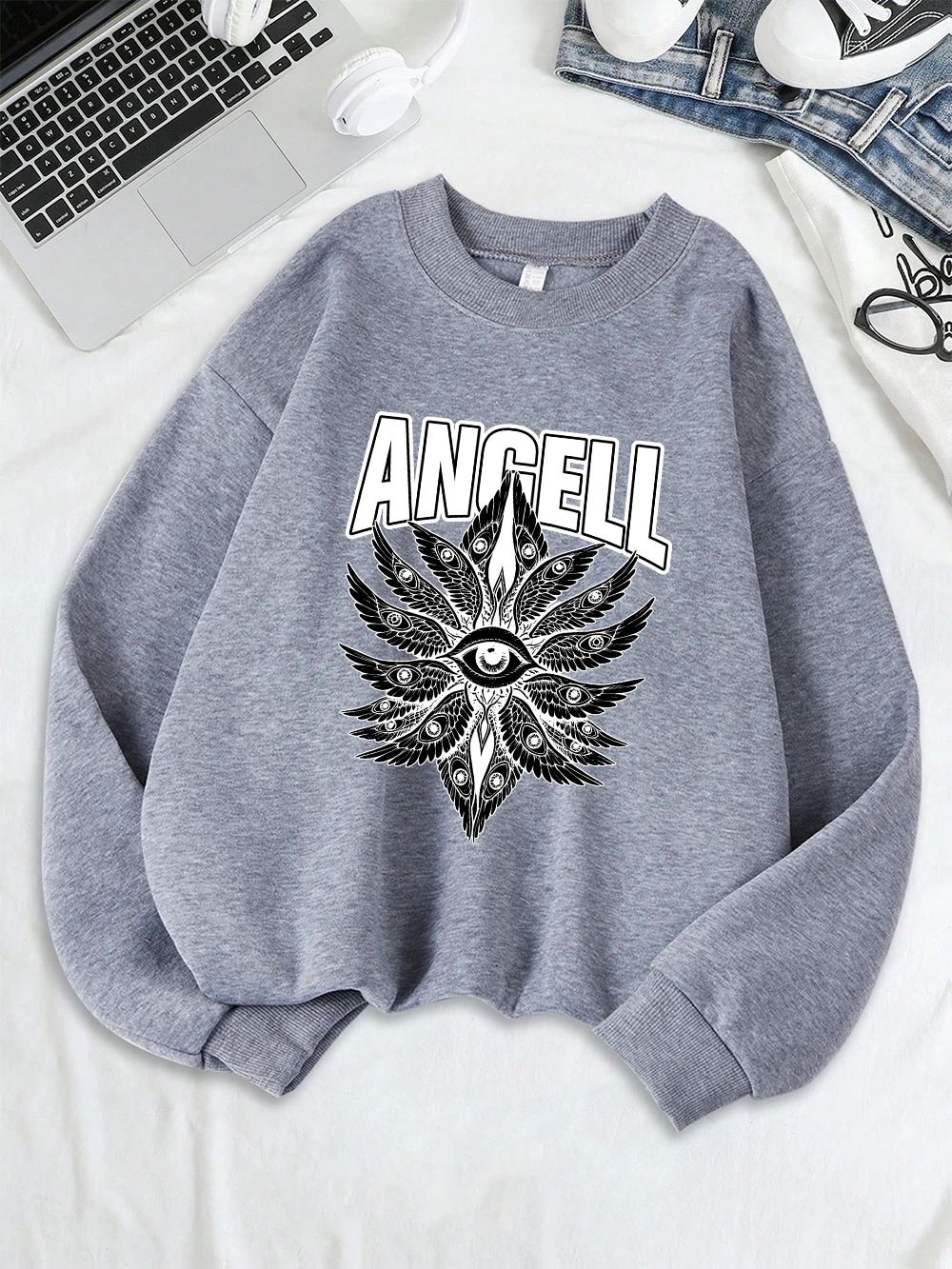 Angell Eyes Printing Sweatshirts Women Winter Fleece Warm Hoodies Crewneck Loose Pullovers Basics Comfortable Womans Clothes