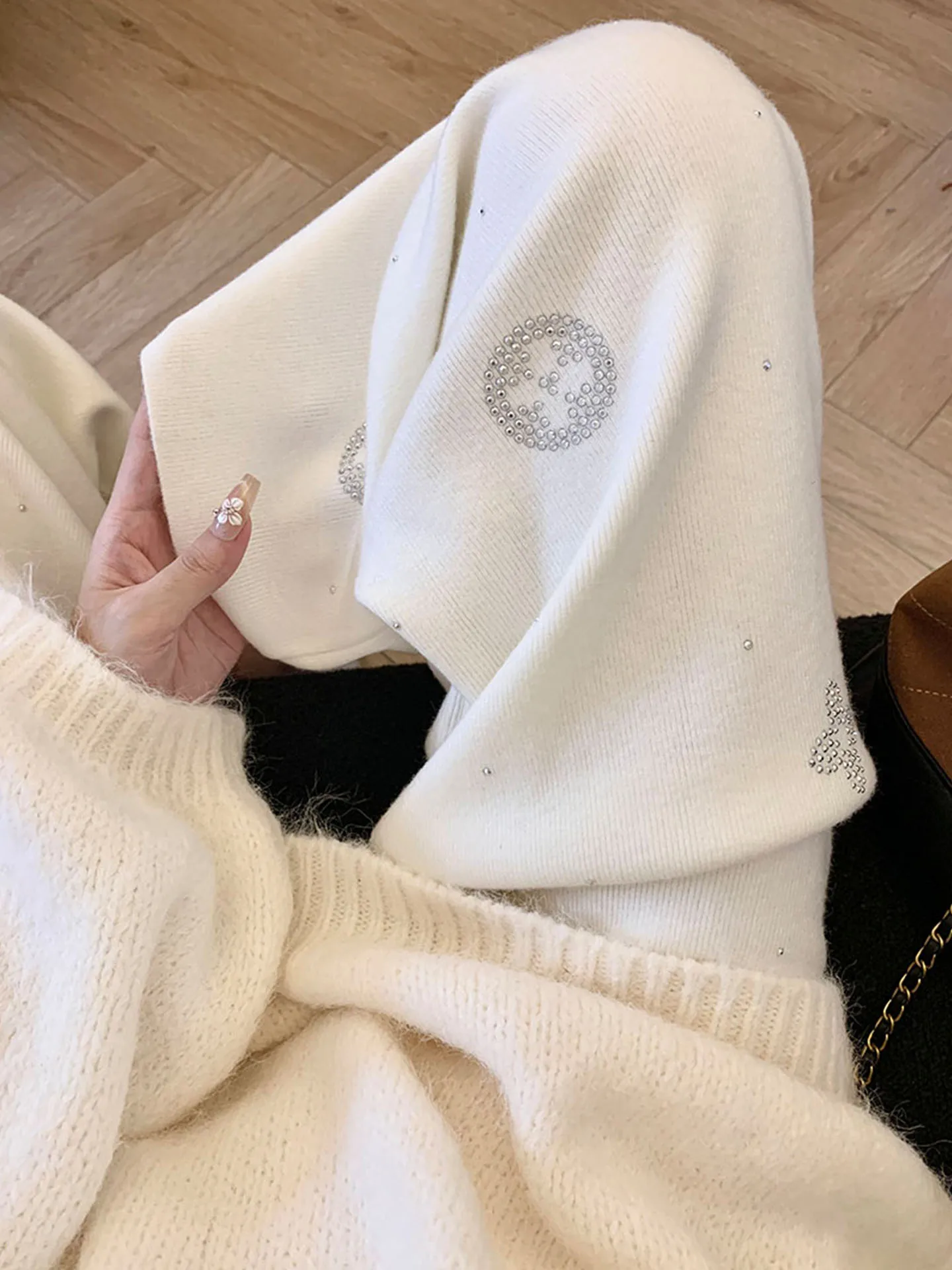 

Emily Clud Recommended Heavy Du Sequin Knitted Wide Leg Pants Women's Casual Soft Dra Autumn Winter High Waist Trousers