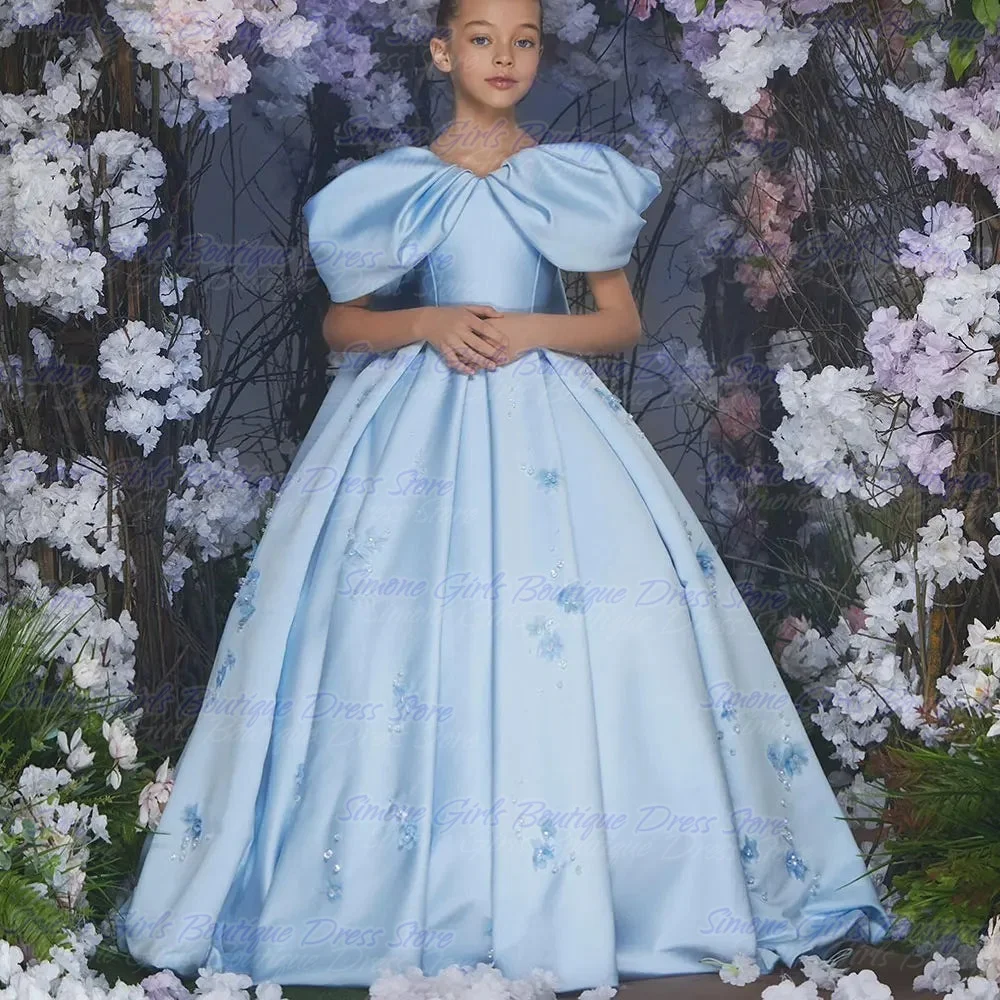 Flower decoration blue dress elegant cute and grand Flower Girl Dress for Birthday party Dance Performances Wedding Ceremonies