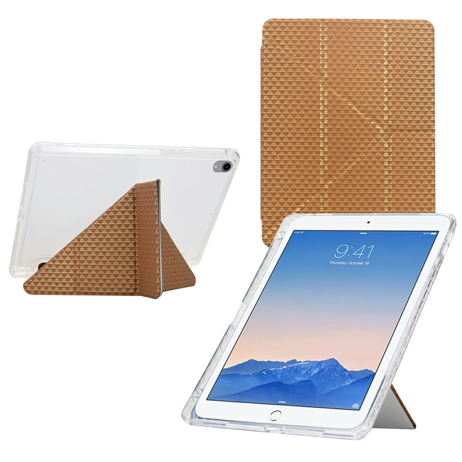 

Tablet Case For iPad 9.7-inch (2018) / (2017) / Air 2 / Air (2013) , Y-Fold Stand Pyramid-Patterned Leather + Clear Acrylic Cove