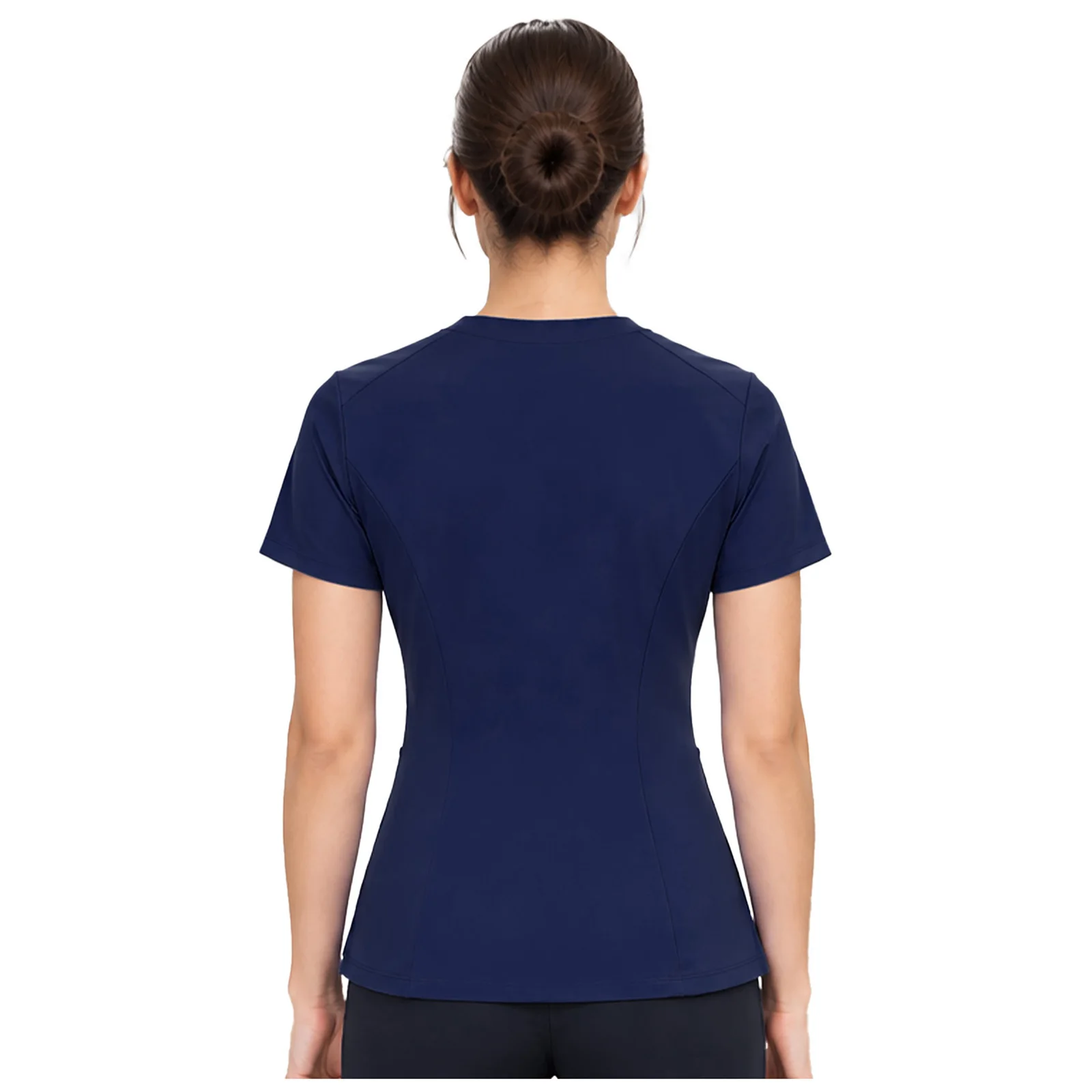 Women Yoga Scrub Top Nurse Uniform Zip-up Round Collar Short Sleeve Side Slit Scrub T-shirt with Multiple Pockets Sports Workout