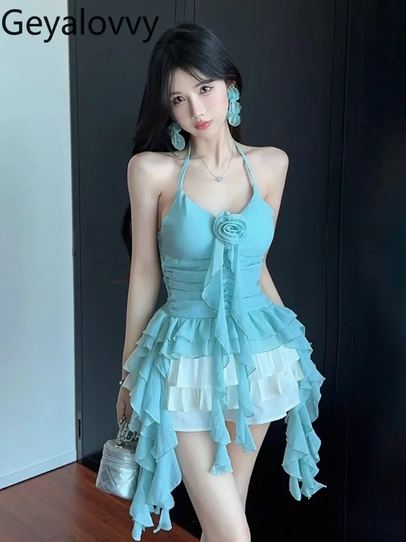 

Blue-green Flower Decoration Irregular Ruffle Edge Tops Women's Slimming Vest Summer Vacation Style Chic Sleeveless Suspenders