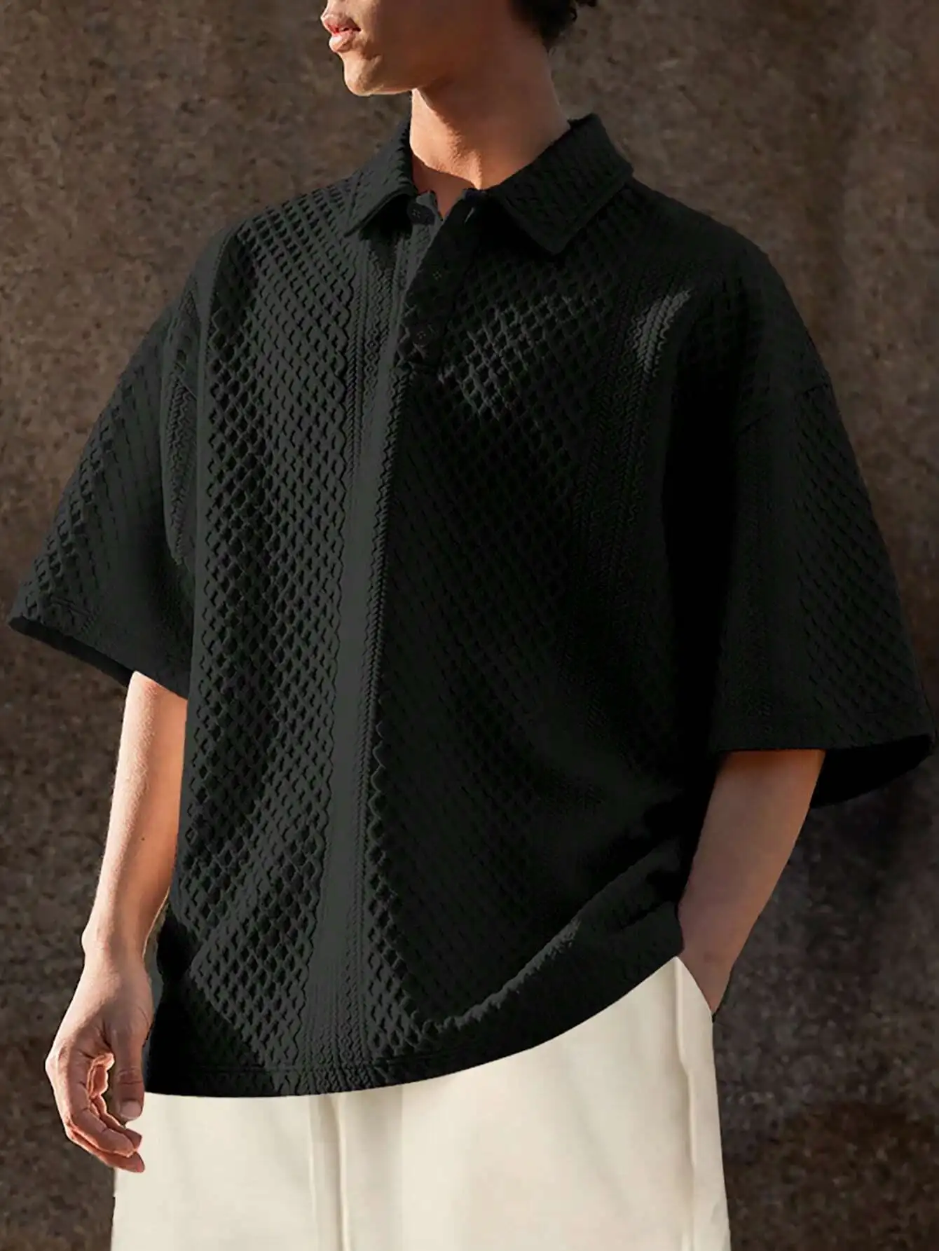 

Men's Black Textured Loose Fit Casual Polo Shirt with Quarter Button Placket