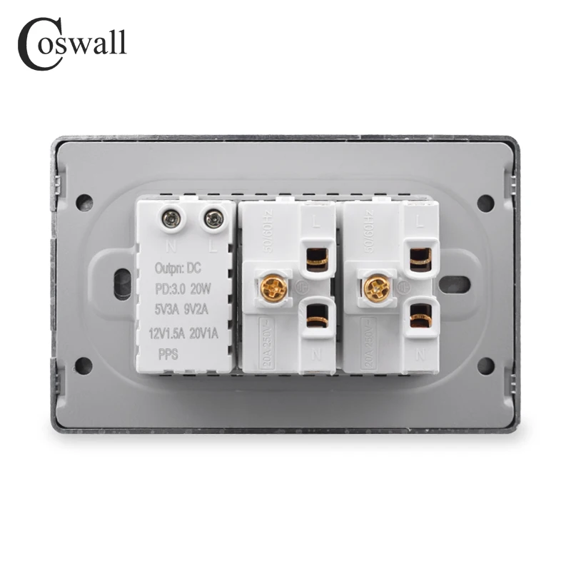 Coswall 118*72mm weiß PC-Panel Brasilien Standard 20a Wand steckdose pd 3.0 20w Typ-C Dual-USB-Schnell lades teckdose