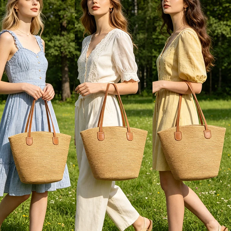

Striped Straw Tote Bags with Leather Handles, Large Capacity, Summer Beach & Casual Handbag Shoulder Bag for Women, Everyday Use