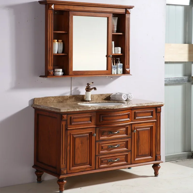 

Bathroom Red Oak Bathroom Hand Washbasin Cabinet Combination New Chinese Mirror Cabinet