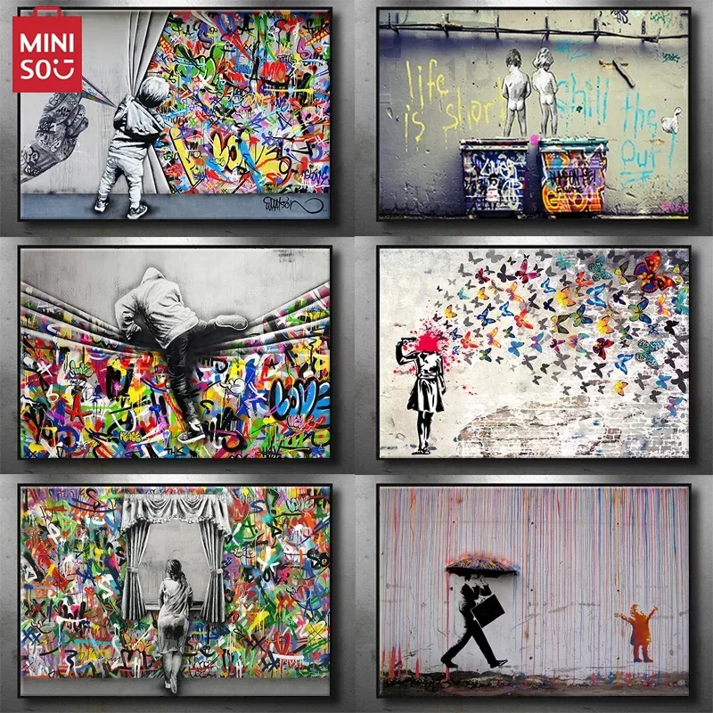 

MINISO Бэнкси граффити искусство холст живопись современная улица поп-арт бабочка мозги девушка постеры и принты настенные панно для H
