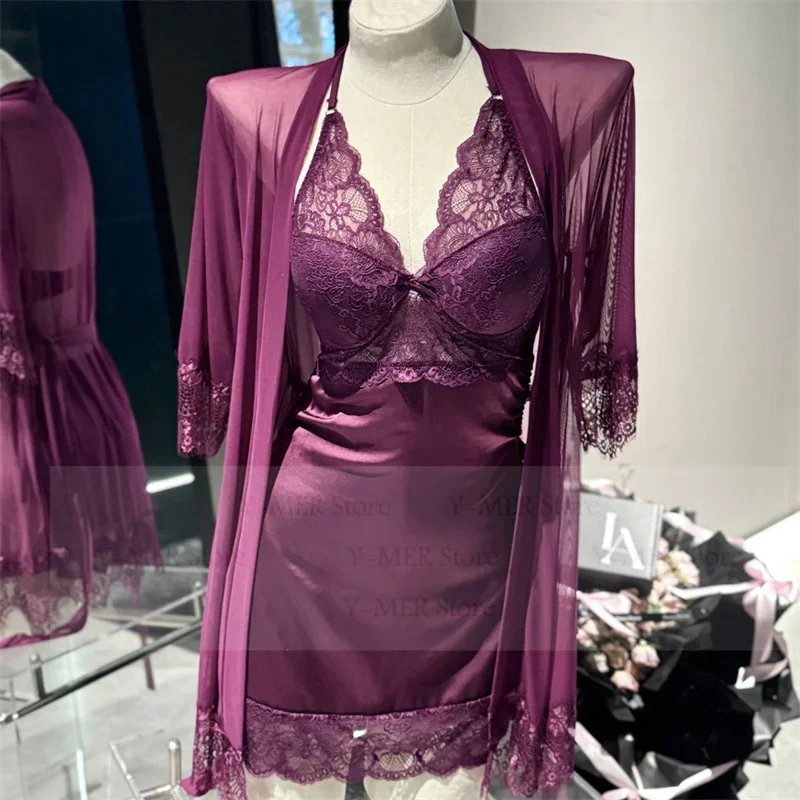 

2Pcs Robe Set Mujer Lingerie Sexy Sheer Mesh Robe Set Halter Sleepshirt Women Nightgown Suit Underwear Loungewear Nightdress