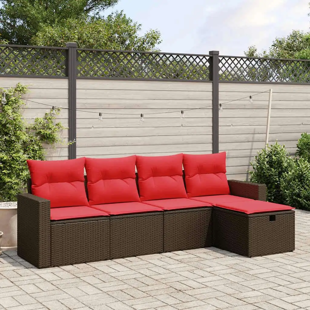 

5 Piece Outdoor Patio Sofa Set with Brown Cushions Weather Resistant Poly Rattan Furniture