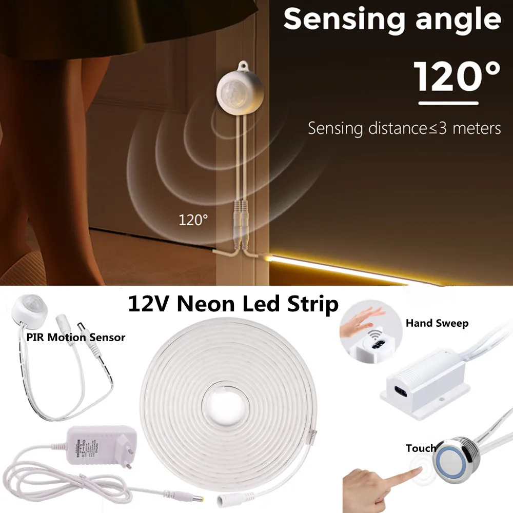 

12V LED Neon Strip Touch Or Hand Sweeping Dimable Flexible Waterproof Lamp Home Wardrobe Closet Lighting PIR Motion Sensor