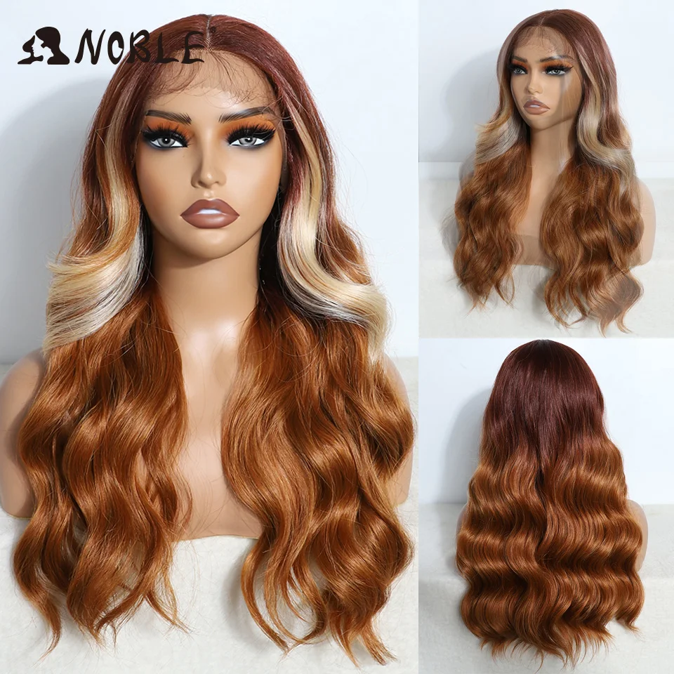 Perruque Lace Front Wig Body Wave synthétique 22 pouces-Noble, perruque Body Wave ombré, orange blonde, vin rouge, perruques Cosplay blanches faciles à porter pour femmes