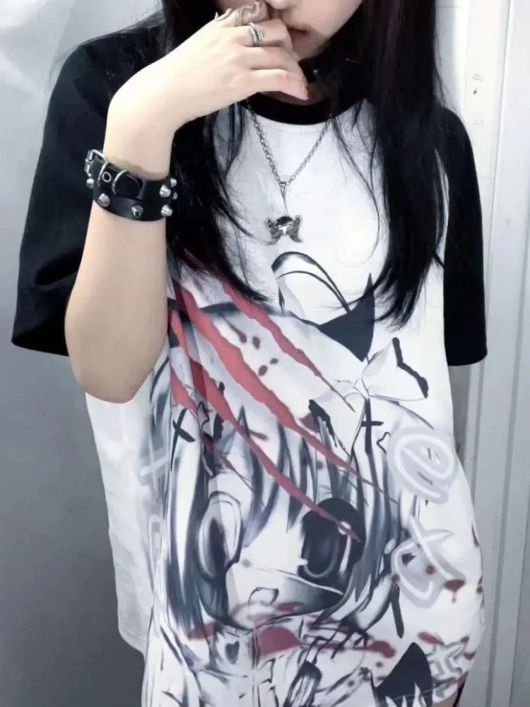 Y2k ästhetische lässige T-Shirt Frauen Gothic Anime Cartoon drucken lose Grafik T-Shirts japanische Fee Harajuku Grunge Tops