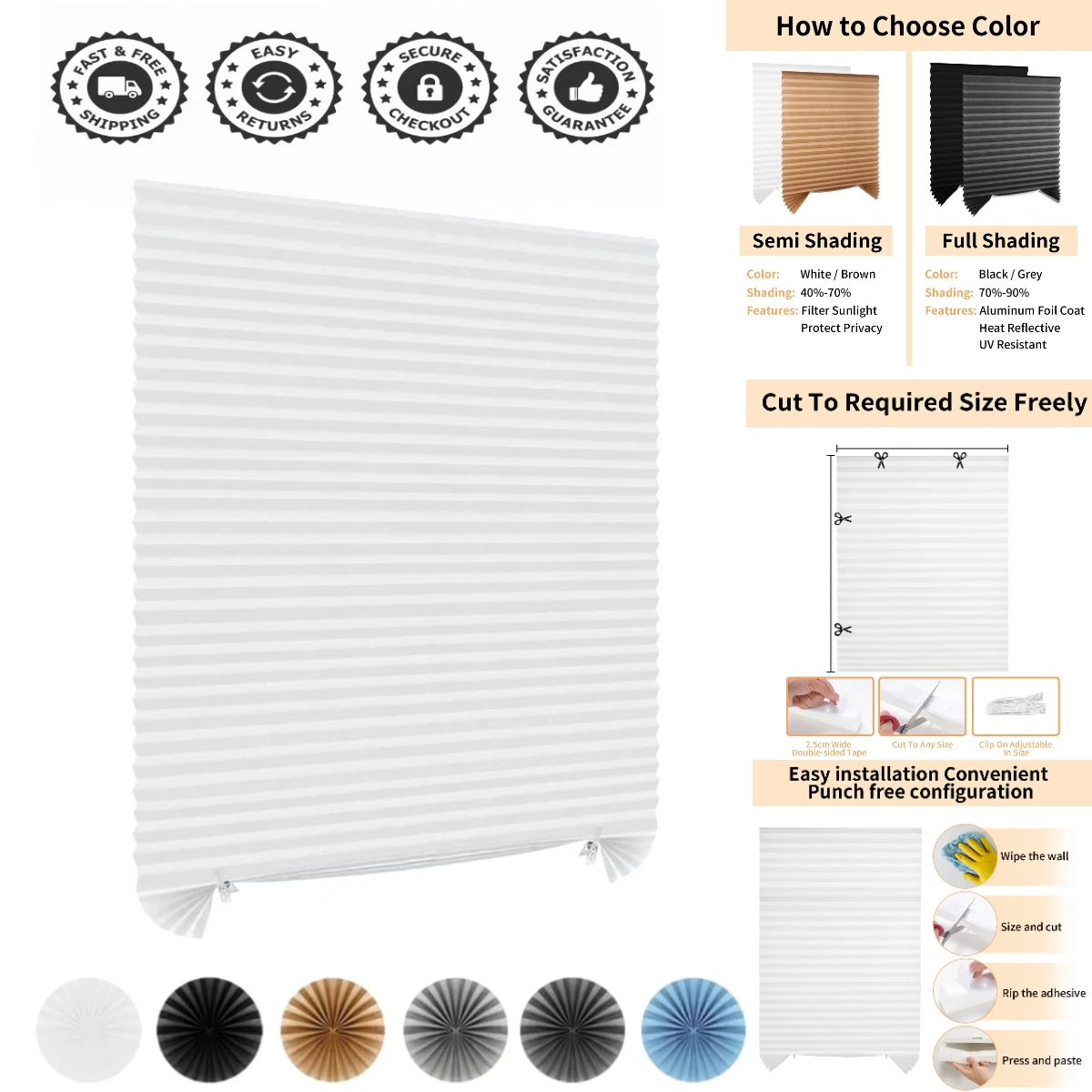 1PC Self-Adhesive Non-Woven Pleated  Blinds Folding Curtains White Black Window Shades For Kitchen Living Room Balcony