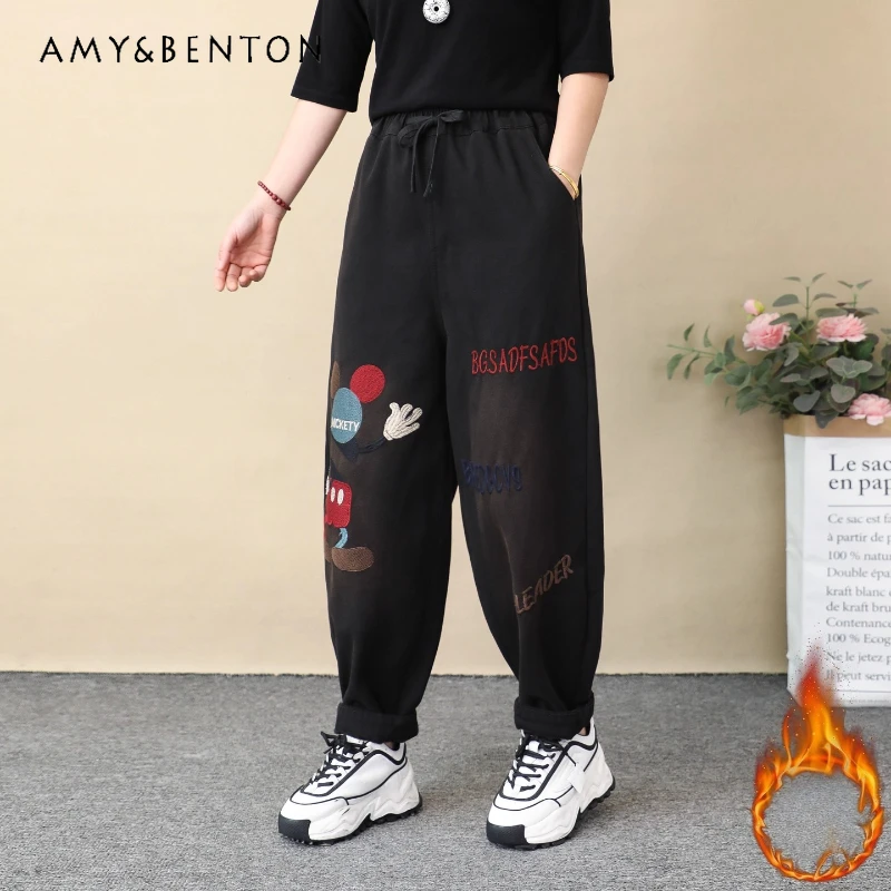

2025 Winter Fleece Cartoon Letter Embroidered Jeans Ladies Y2k Loose Oversized Lace-Up Thickened Warm Harem Pants Denim Trousers