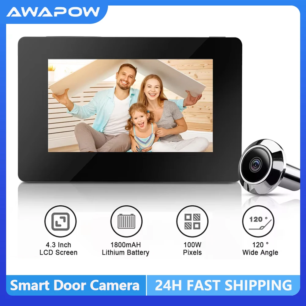 Awapow 4.3 Inch Peephole Doorbell Camera 145° Peephole Viewer Cat Eye Door Bell Smart Electronic Outdoor Camera Monitor