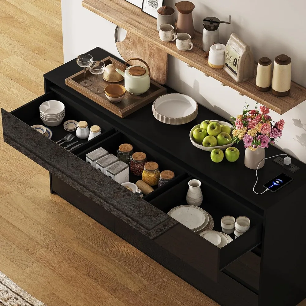 حامل تلفزيون أسود، خزانة تخزين مع 9 أدراج لغرفة النوم، خزانة كبيرة حديثة عالية اللمعان لمكتب غرفة المعيشة (63 بوصة عرض)