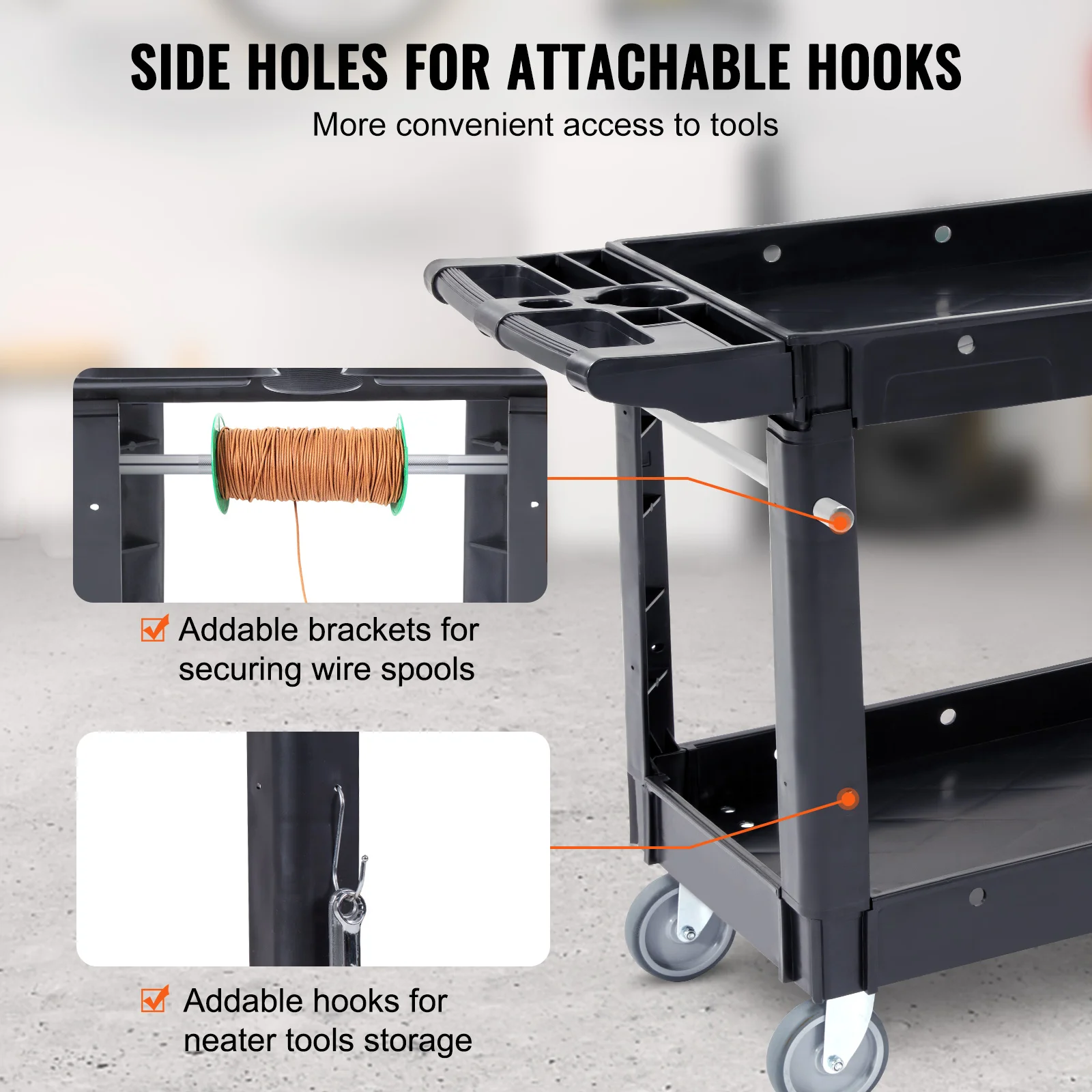 VEVOR Chariot de service utilitaire, 2 étagères, 250 kg, chariot utilitaire en plastique roues pivotantes à 360°, étagère à rebord moyen, poignée de rangement pour entrepôt, garage, nettoyage, bureau