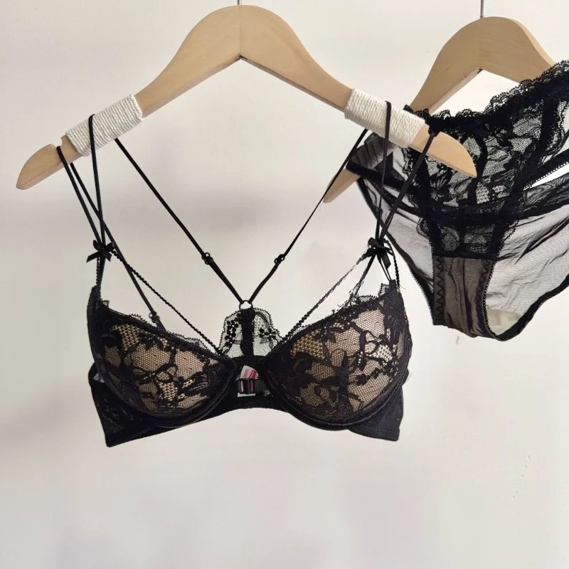 Minimal Romantic Coquette Lace Front Clasp Bra Set Wirefree Ultra Thin Straps Beauty Back Small Bust Create Curvy Lookr MOYISU