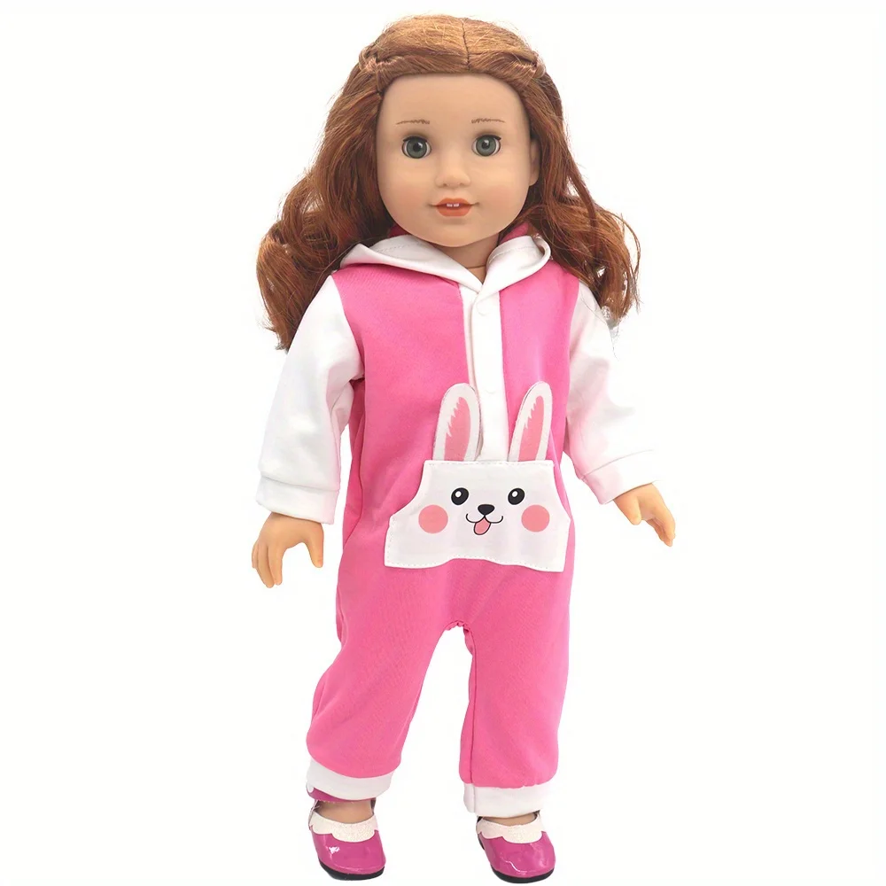 18 Inch Doll Bunny Print Hooded Romper, Polyester Cute Jumpsuit, Doll Clothing Accessory, No Doll or Shoes Included