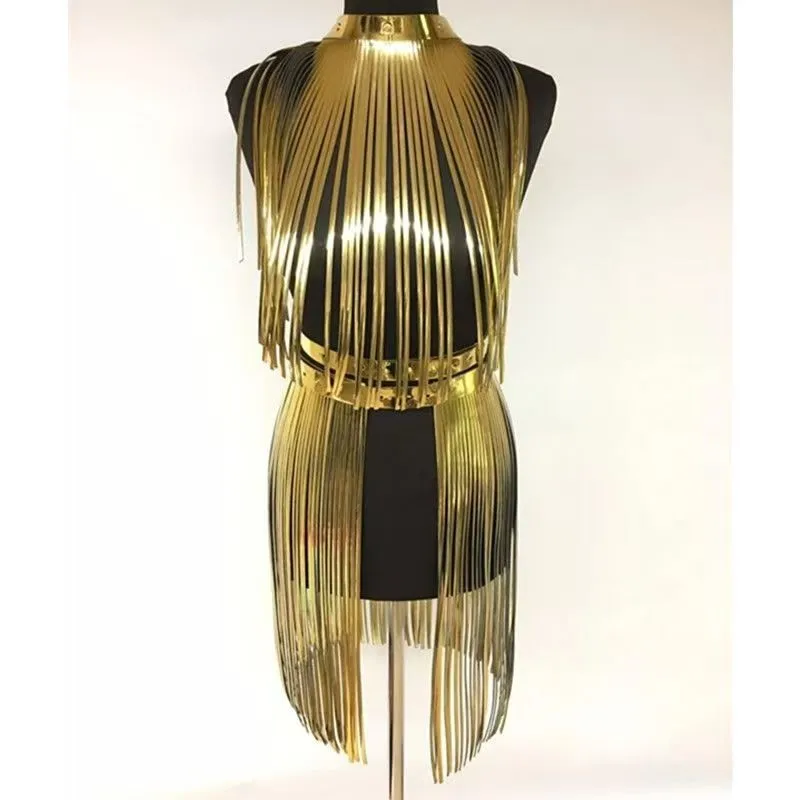 Concert Shiny Tassel Reflective Dress Belt Fashion Sexy Adult Women Role Play Leather Tassel Girl Group Stage Performance Set