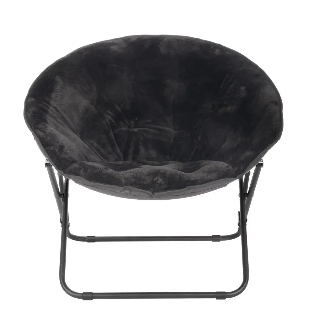 Black Plush Saucer Chair Kids Teens Soft Velvet Fabric Foldable Compact Collapsible Storage Slip-Resistant Portable Steel Frame