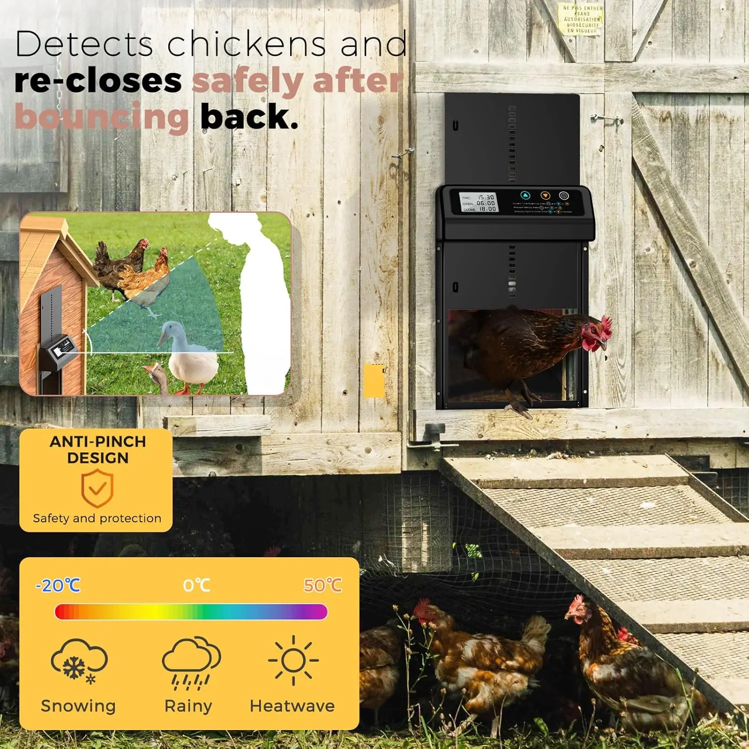 タイマー付き自動鶏ドア、挟み込み防止、耐久性のあるアルミニウム製自動鶏ドア (ブラック)